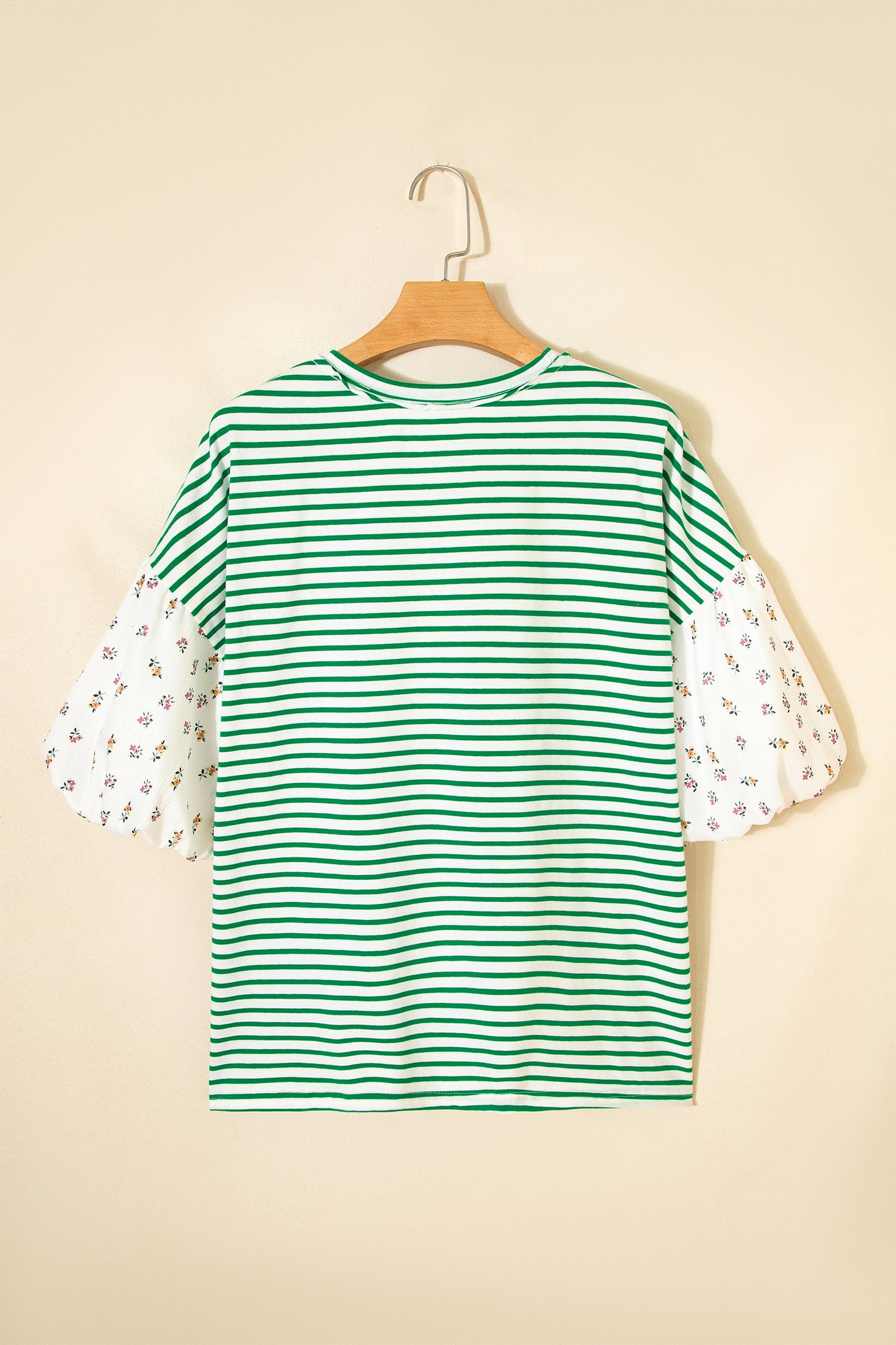 Womens Black Stripe Floral Puff Sleeve Patchwork Round Neck Loose Top