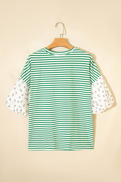 Womens Black Stripe Floral Puff Sleeve Patchwork Round Neck Loose Top