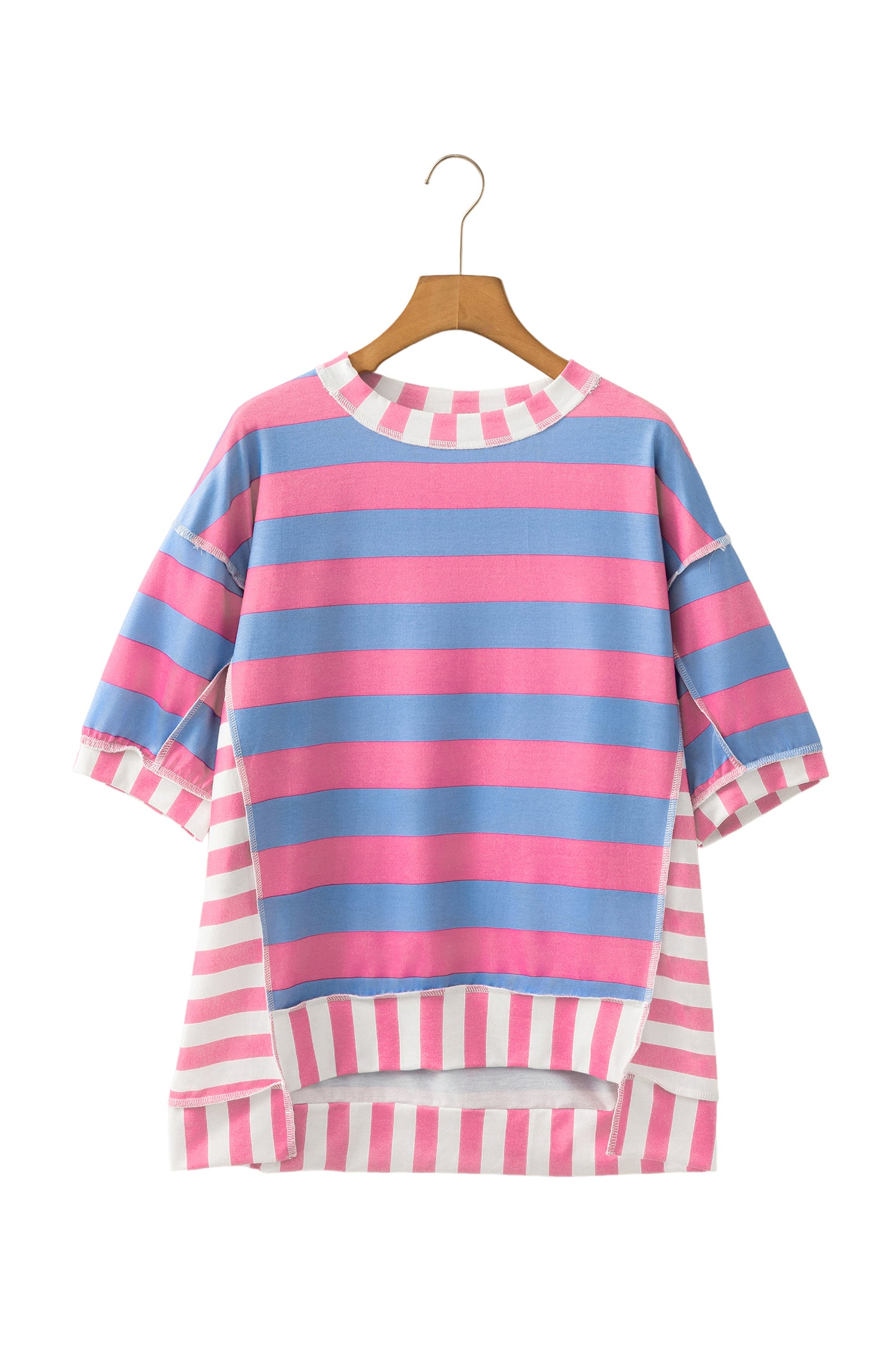Womens Pink Stripe Exposed Seam Contrast Patchwork Oversized Top