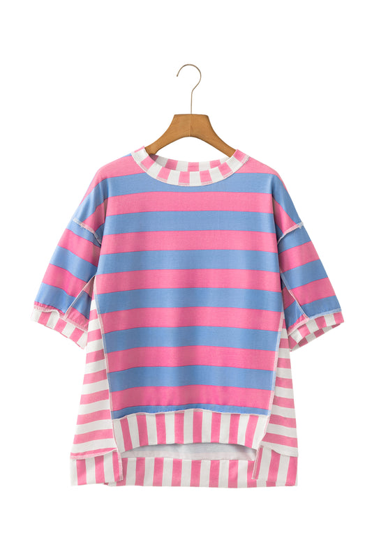 Womens Pink Stripe Exposed Seam Contrast Patchwork Oversized Top