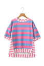Womens Pink Stripe Exposed Seam Contrast Patchwork Oversized Top