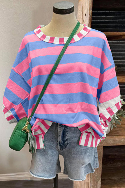 Womens Pink Stripe Exposed Seam Contrast Patchwork Oversized Top