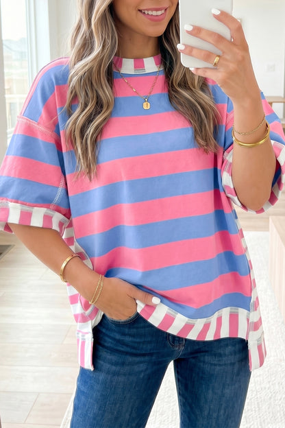 Womens Pink Stripe Exposed Seam Contrast Patchwork Oversized Top