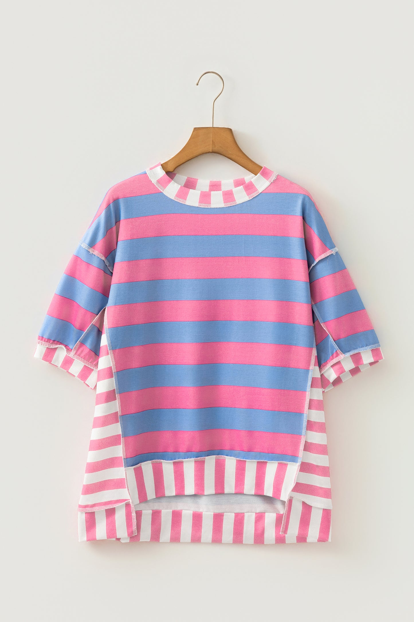 Womens Pink Stripe Exposed Seam Contrast Patchwork Oversized Top