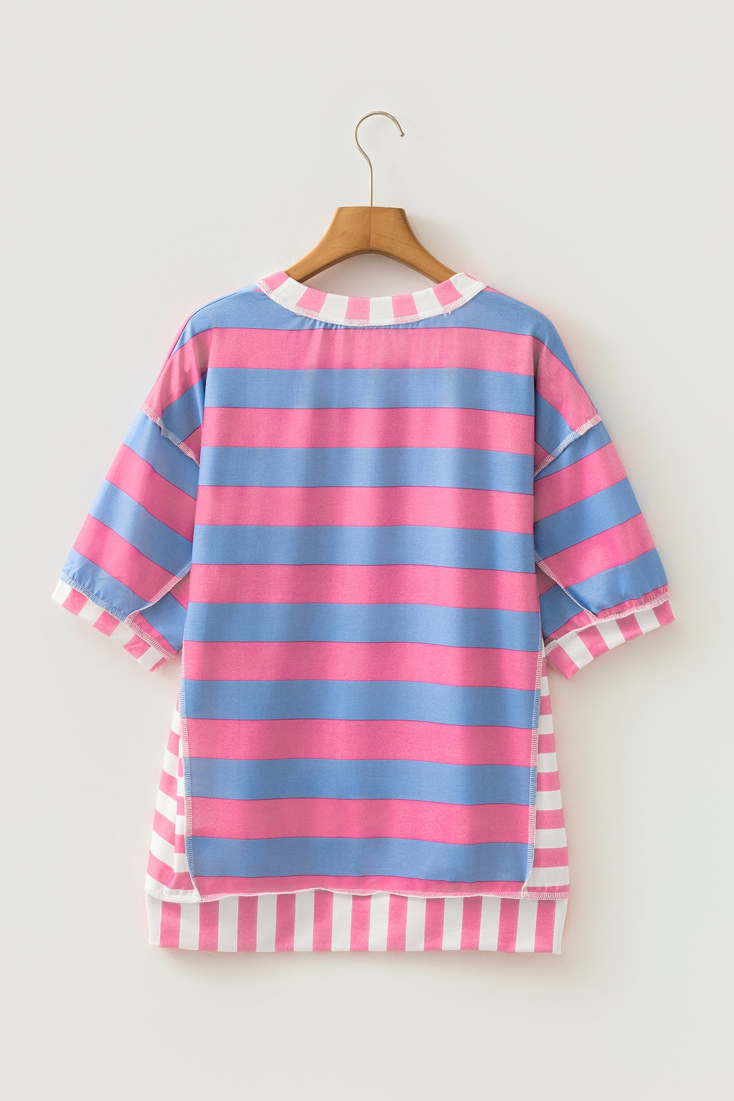 Womens Pink Stripe Exposed Seam Contrast Patchwork Oversized Top