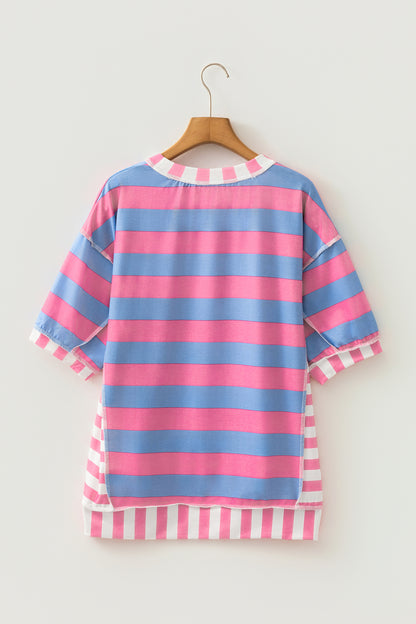 Womens Pink Stripe Exposed Seam Contrast Patchwork Oversized Top