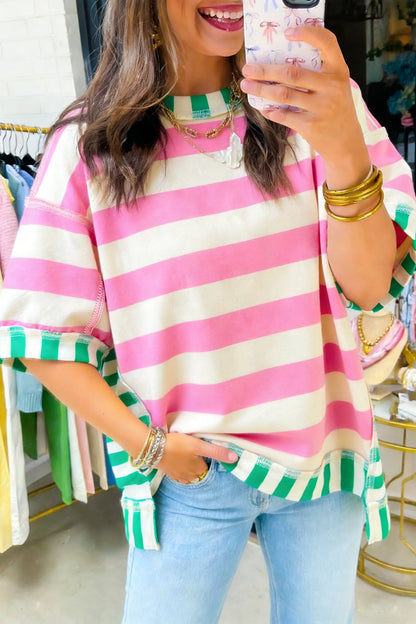 Womens Pink Stripe Exposed Seam Contrast Patchwork Oversized Top