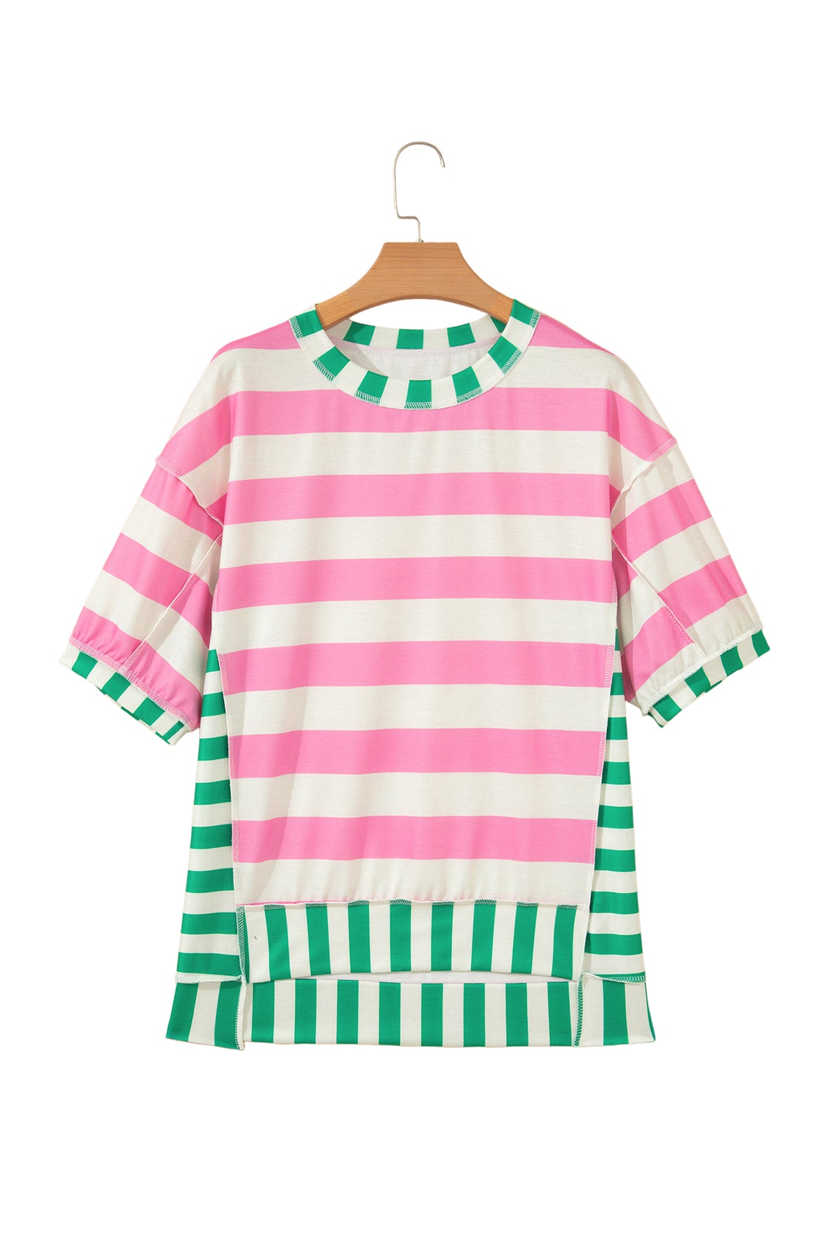 Womens Pink Stripe Exposed Seam Contrast Patchwork Oversized Top