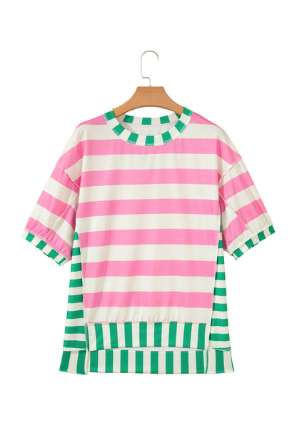 Womens Pink Stripe Exposed Seam Contrast Patchwork Oversized Top