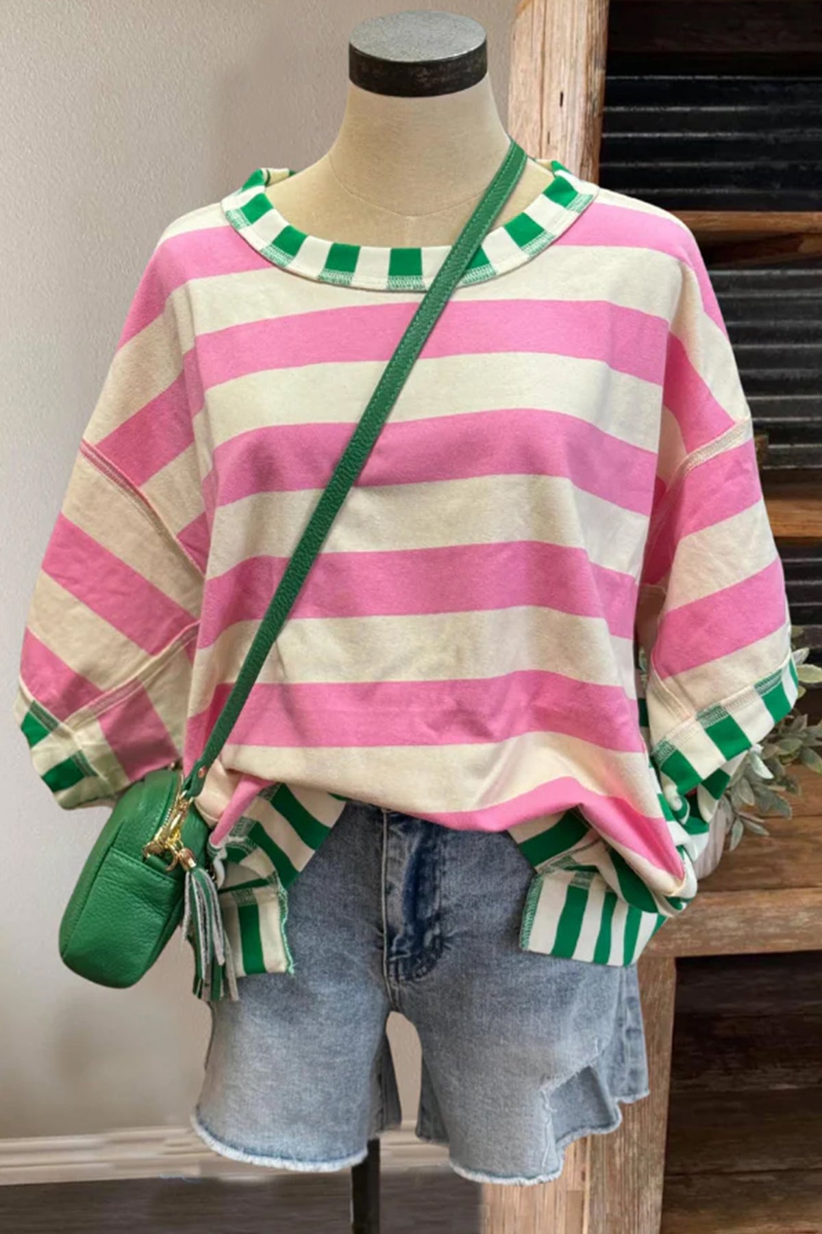 Womens Pink Stripe Exposed Seam Contrast Patchwork Oversized Top