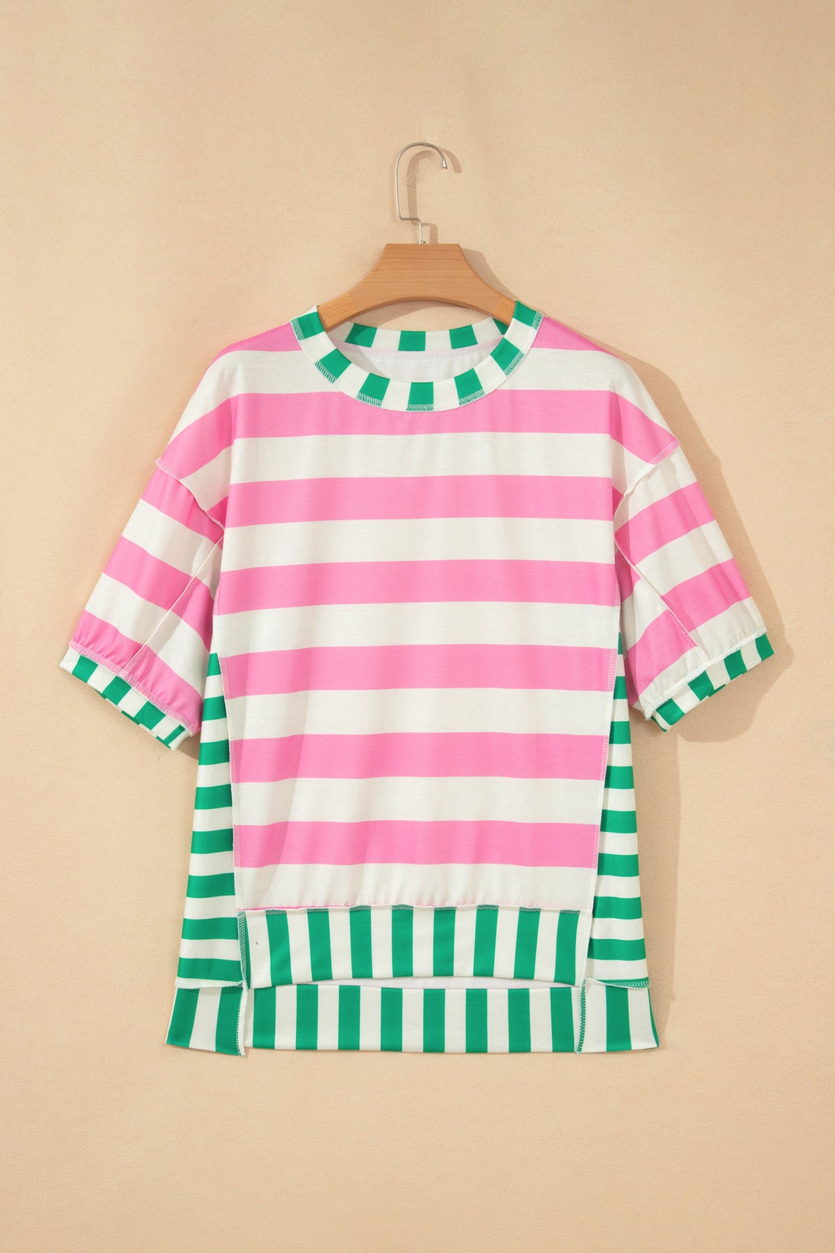 Womens Pink Stripe Exposed Seam Contrast Patchwork Oversized Top