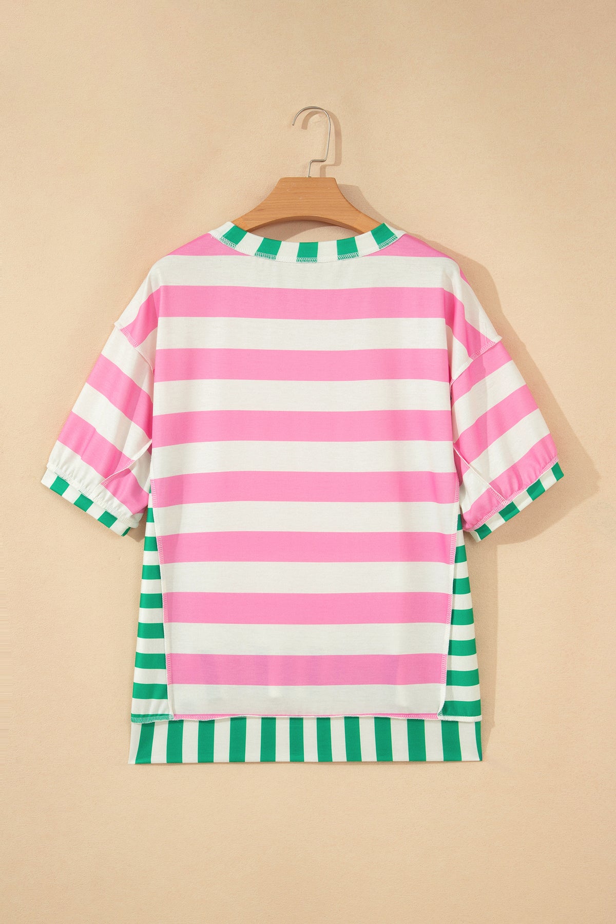 Womens Pink Stripe Exposed Seam Contrast Patchwork Oversized Top