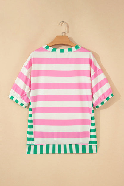 Womens Pink Stripe Exposed Seam Contrast Patchwork Oversized Top