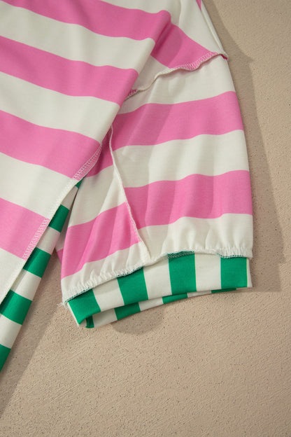 Womens Pink Stripe Exposed Seam Contrast Patchwork Oversized Top
