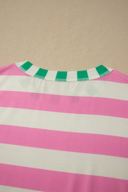 Womens Pink Stripe Exposed Seam Contrast Patchwork Oversized Top