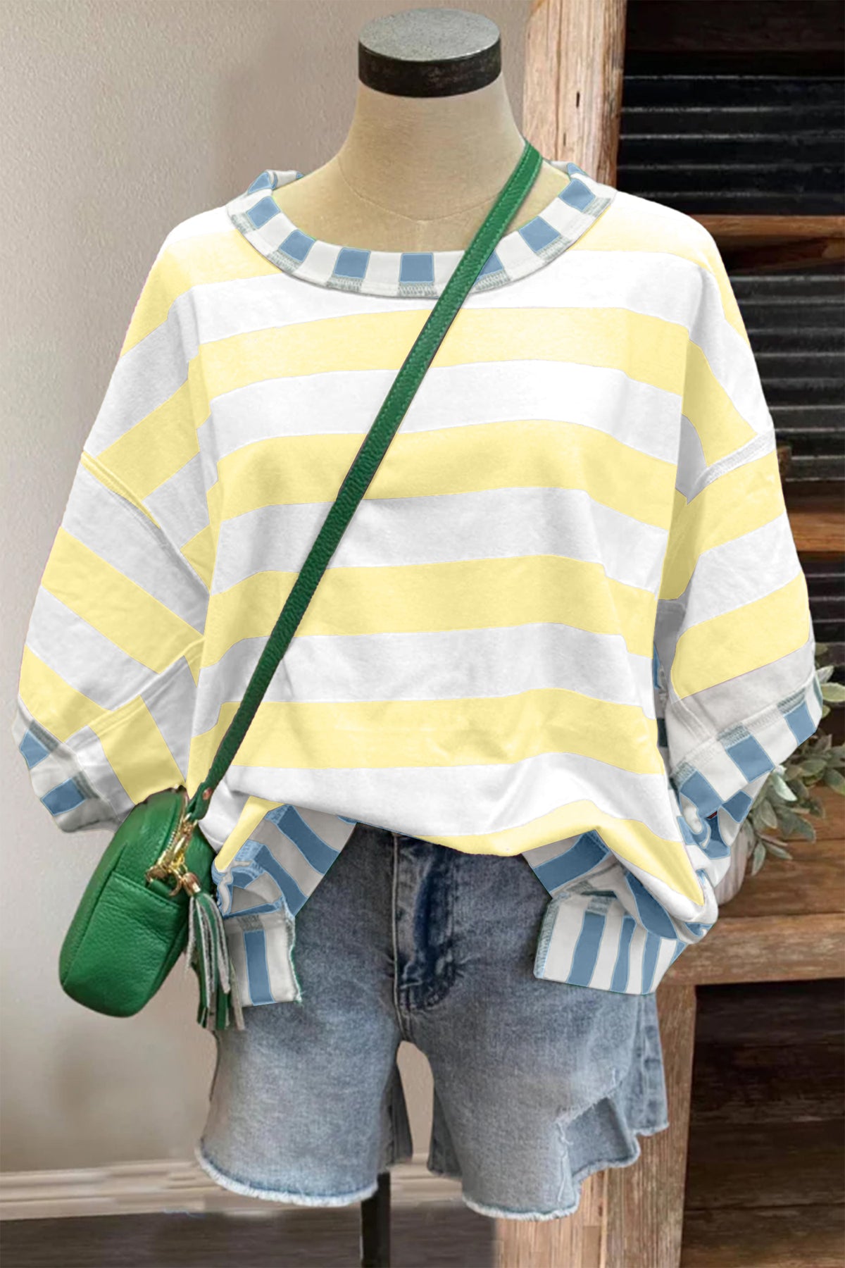Womens Pink Stripe Exposed Seam Contrast Patchwork Oversized Top