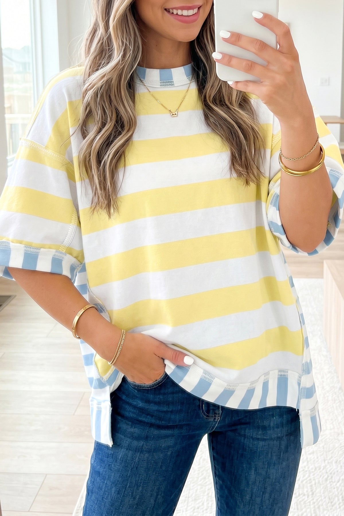 Womens Pink Stripe Exposed Seam Contrast Patchwork Oversized Top