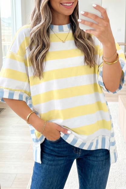 Womens Pink Stripe Exposed Seam Contrast Patchwork Oversized Top