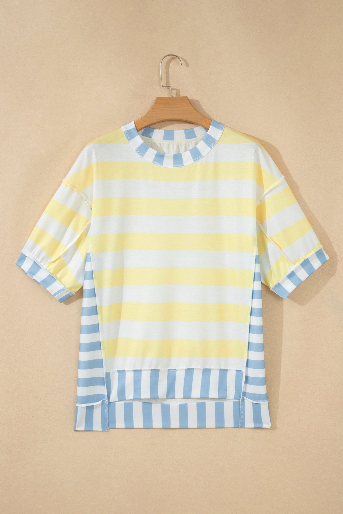 Womens Pink Stripe Exposed Seam Contrast Patchwork Oversized Top