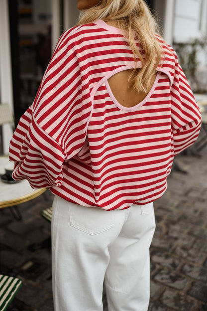Stripe Cutout Open Back Long Sleeve Loose Top