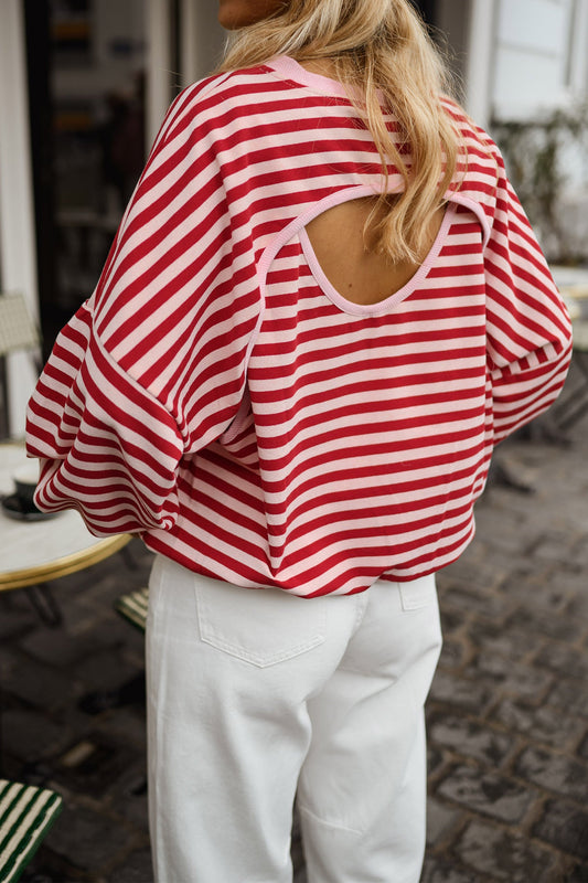 Stripe Cutout Open Back Long Sleeve Loose Top