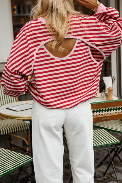 Stripe Cutout Open Back Long Sleeve Loose Top