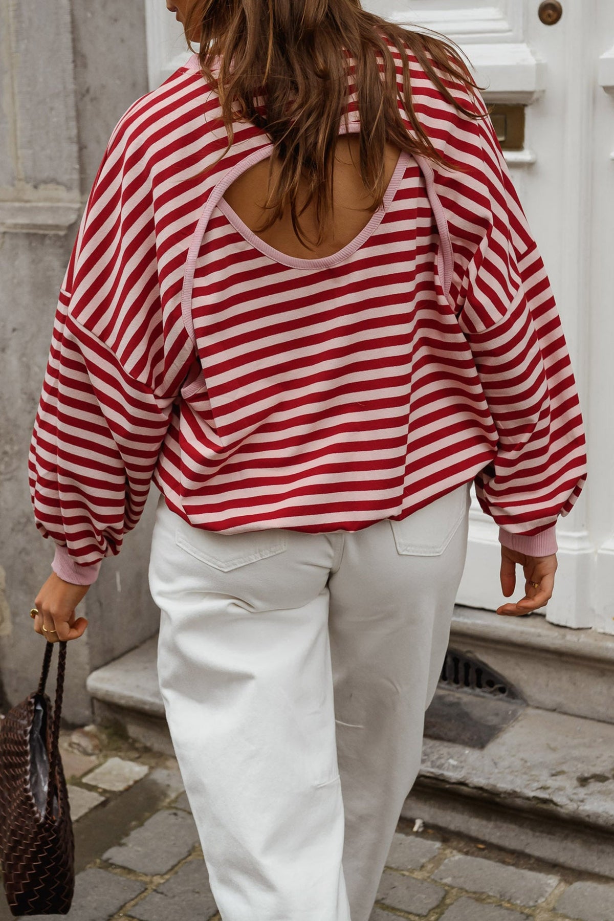 Stripe Cutout Open Back Long Sleeve Loose Top