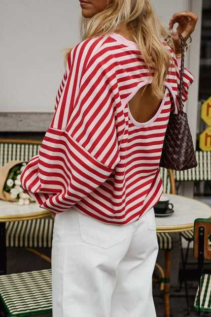 Stripe Cutout Open Back Long Sleeve Loose Top