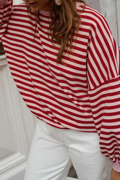 Stripe Cutout Open Back Long Sleeve Loose Top