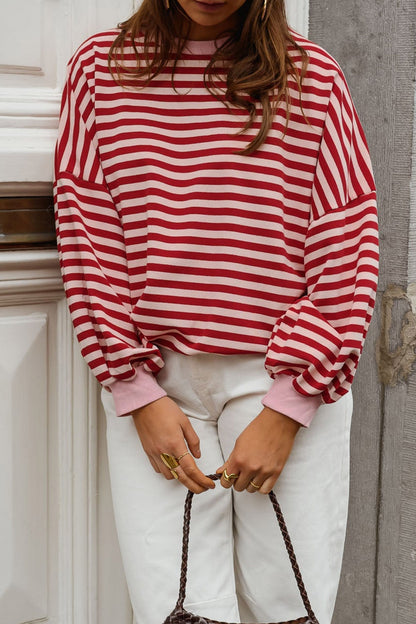 Stripe Cutout Open Back Long Sleeve Loose Top