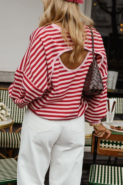 Stripe Cutout Open Back Long Sleeve Loose Top