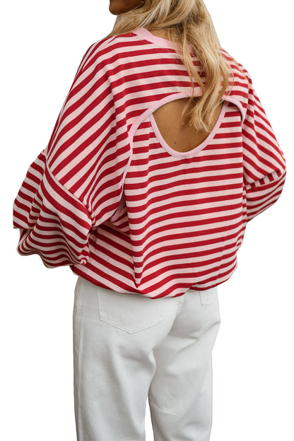 Stripe Cutout Open Back Long Sleeve Loose Top