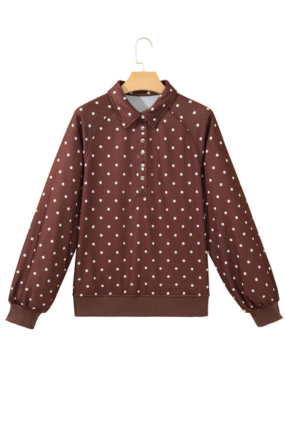 Polka Dot Print Metal Button Collar Casual Pullover Sweatshirt