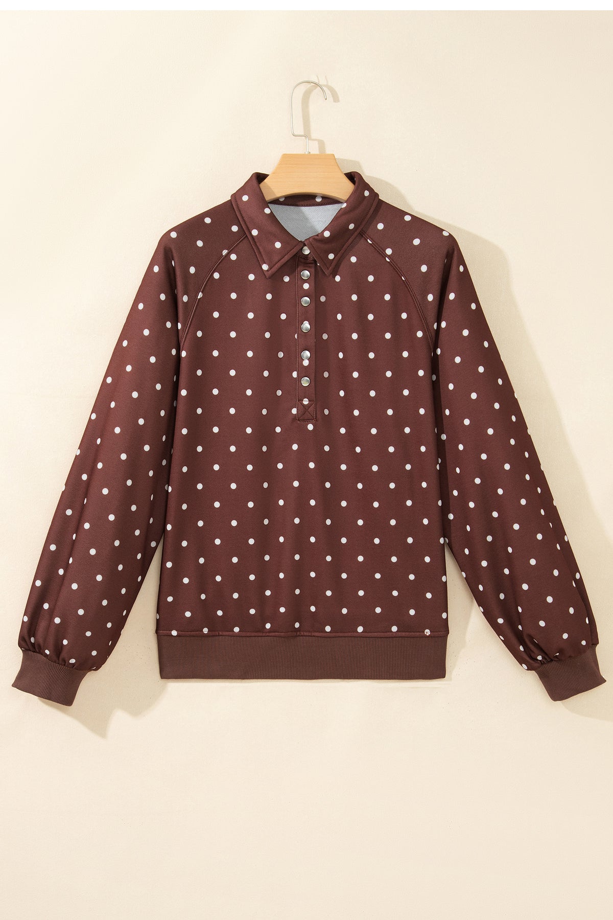 Polka Dot Print Metal Button Collar Casual Pullover Sweatshirt
