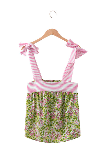 Womens Green Floral Printed Knot Straps Babydoll Tank Top