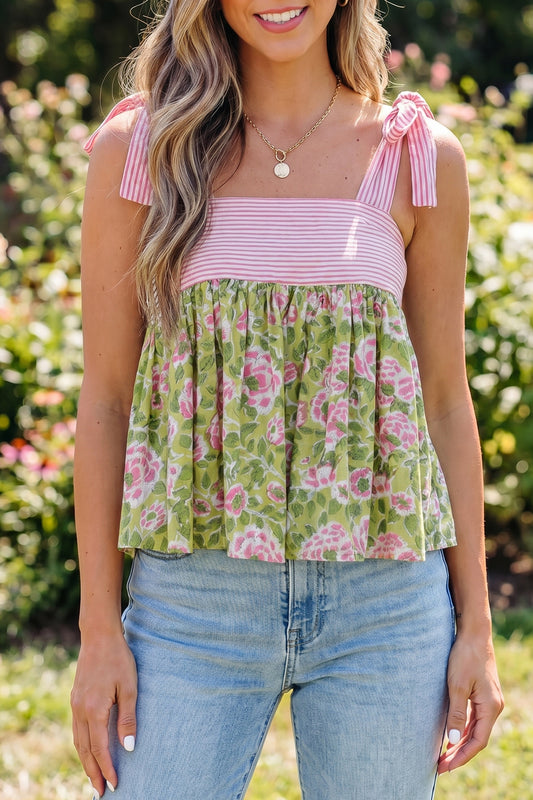 Womens Green Floral Printed Knot Straps Babydoll Tank Top