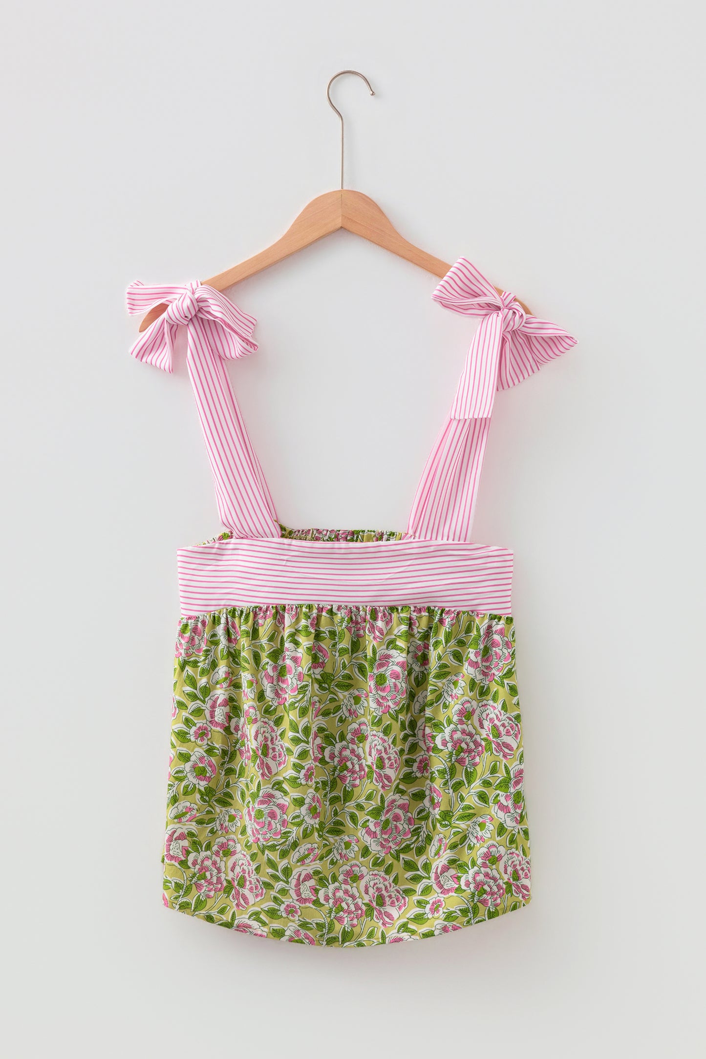 Womens Green Floral Printed Knot Straps Babydoll Tank Top