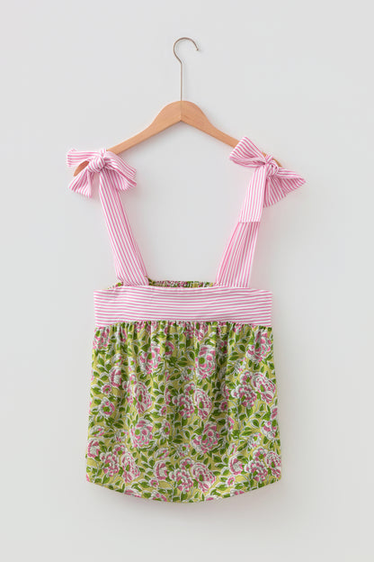 Womens Green Floral Printed Knot Straps Babydoll Tank Top