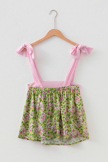 Womens Green Floral Printed Knot Straps Babydoll Tank Top