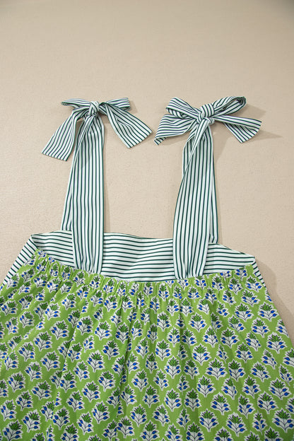 Womens Green Floral Printed Knot Straps Babydoll Tank Top
