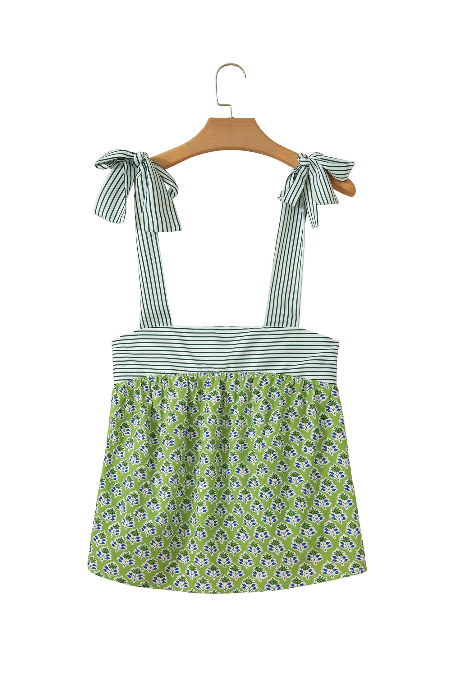 Womens Green Floral Printed Knot Straps Babydoll Tank Top