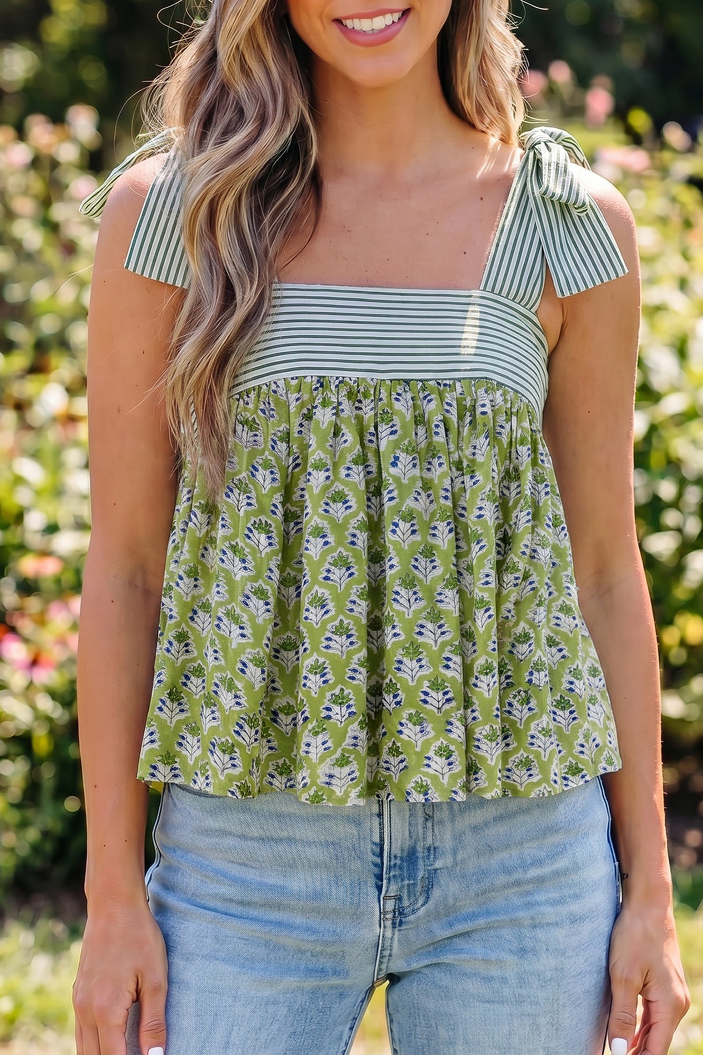 Womens Green Floral Printed Knot Straps Babydoll Tank Top