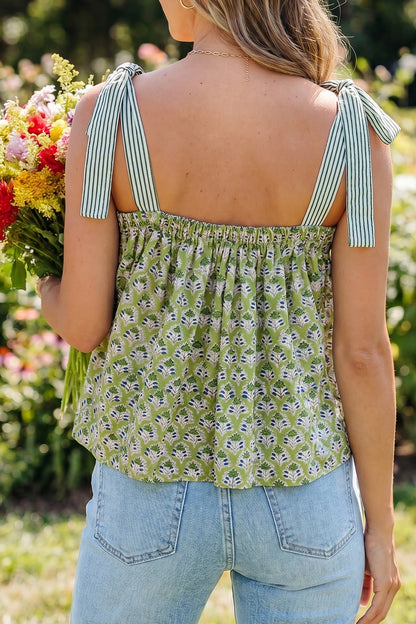 Womens Green Floral Printed Knot Straps Babydoll Tank Top