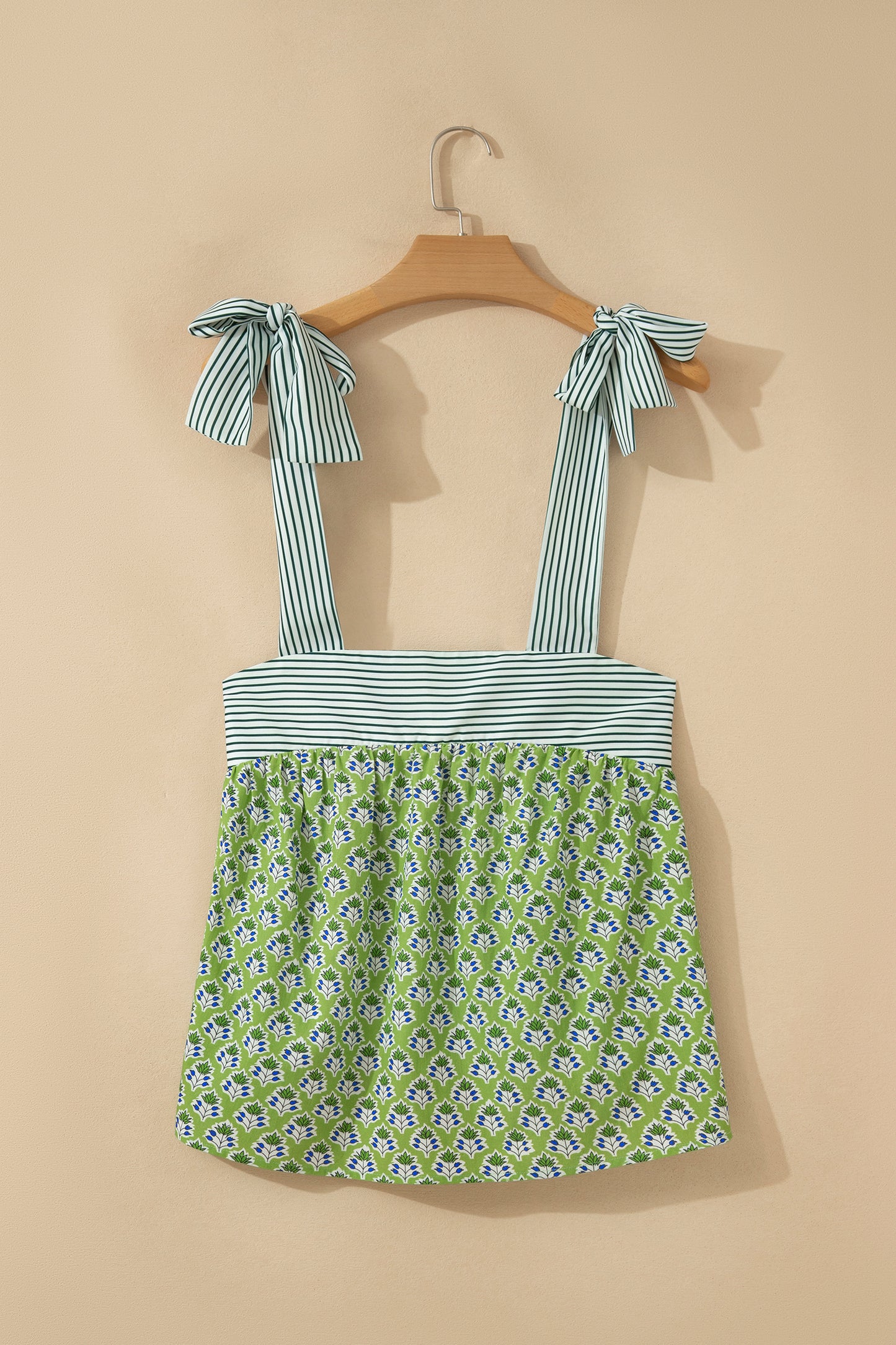 Womens Green Floral Printed Knot Straps Babydoll Tank Top
