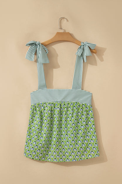 Womens Green Floral Printed Knot Straps Babydoll Tank Top