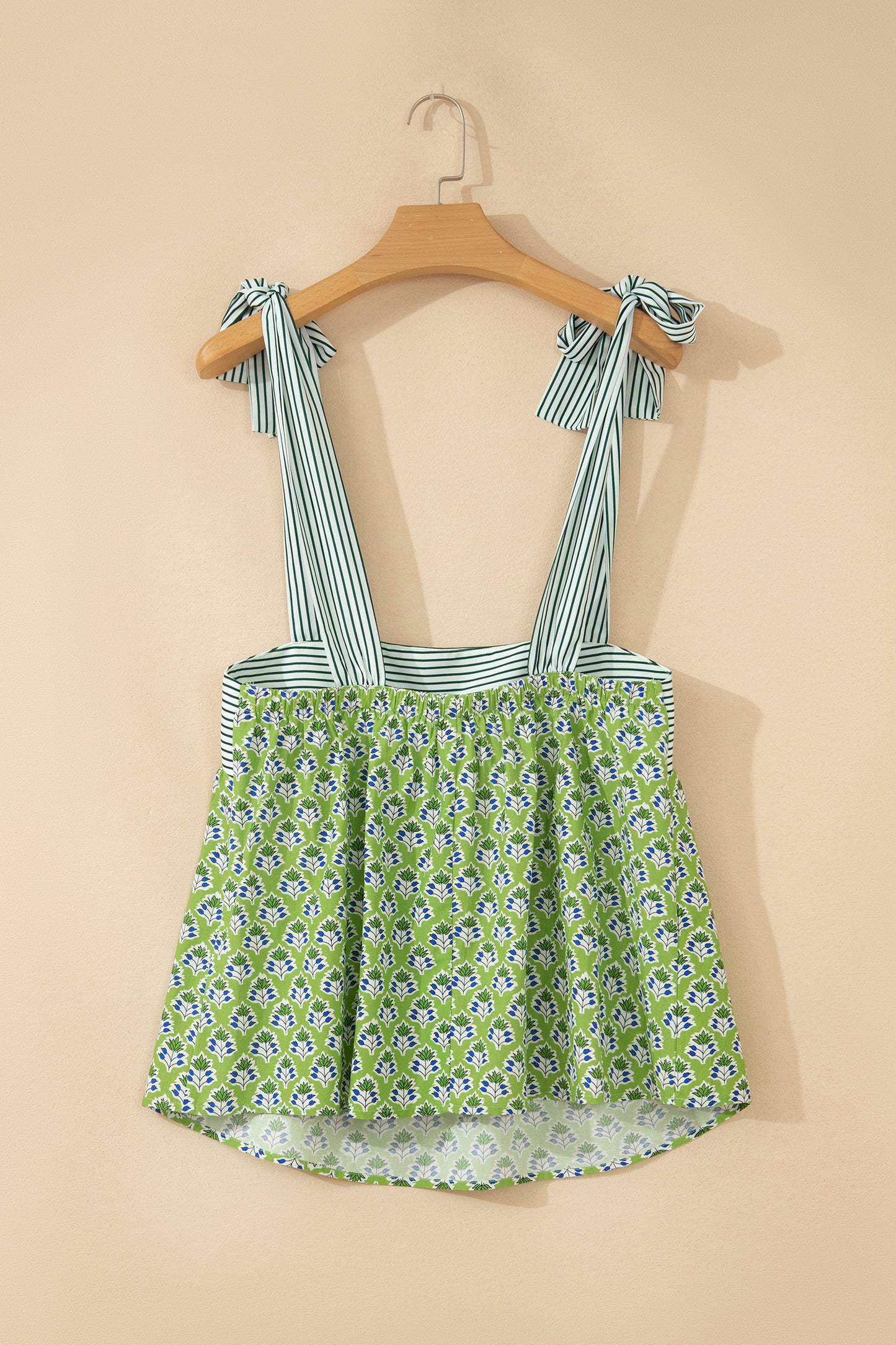 Womens Green Floral Printed Knot Straps Babydoll Tank Top