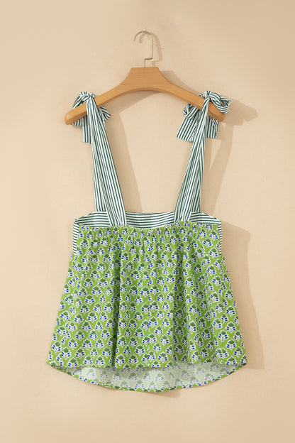 Womens Green Floral Printed Knot Straps Babydoll Tank Top
