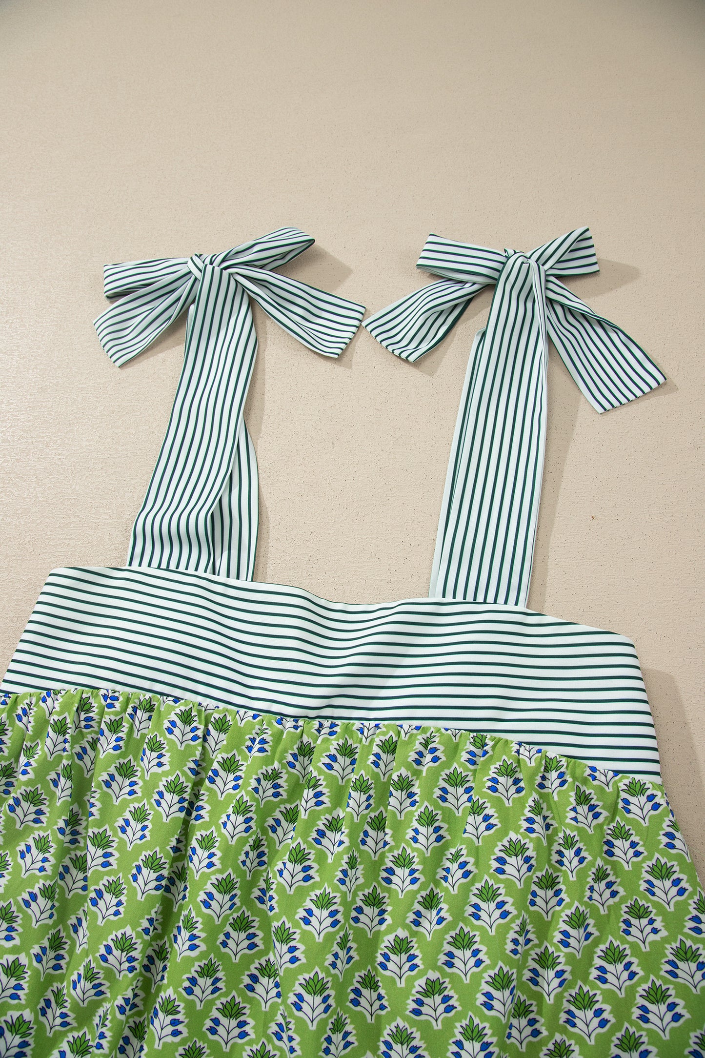 Womens Green Floral Printed Knot Straps Babydoll Tank Top
