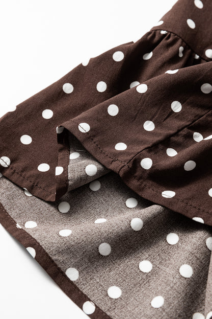 Chicory Coffee Polka Dot Long Sleeve Wrap V Neck Ruffle Hem Mini Dress