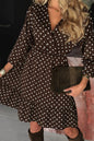 Chicory Coffee Polka Dot Long Sleeve Wrap V Neck Ruffle Hem Mini Dress